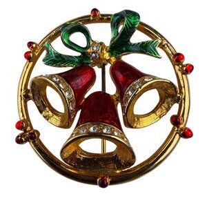 Artisan Vintage Womens Red & Green Enameled Gold Tone Holiday Bell Brooch